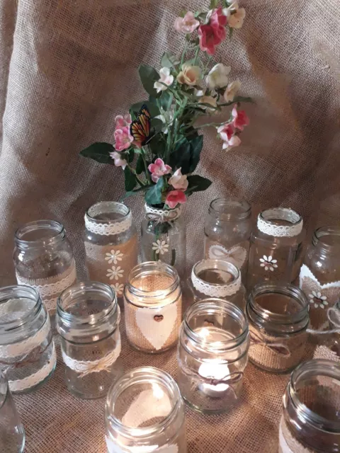 10 Rustic Vintage Wedding Lights Handmade Glass Linen Lace Jars Candle  Holders