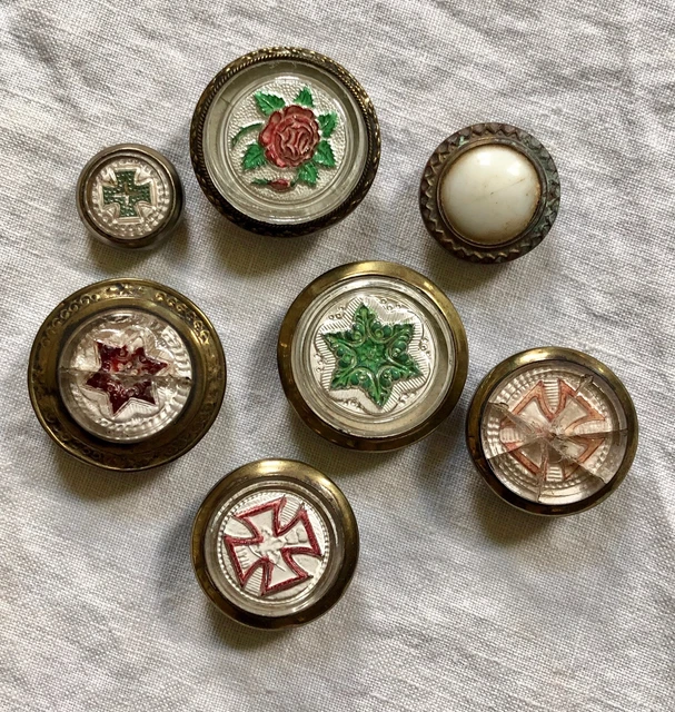 Antique Estate Sulfide Glass Brass Tie-Backs Picture Hangers Rose Star Cross Etc