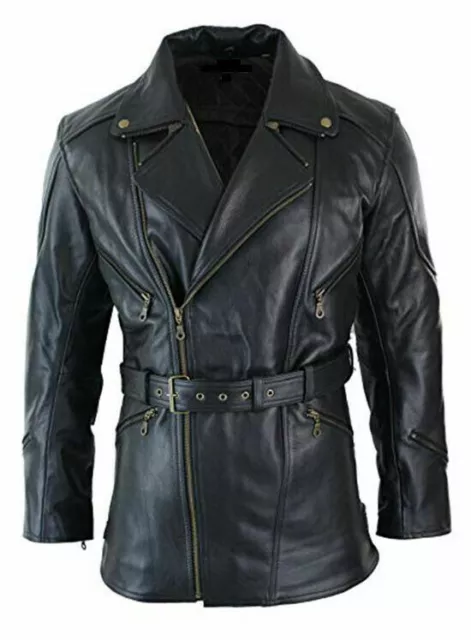 Mens Black 3/4 Motorcycle Biker Long Cow-Hide Leather Jacket/Coat For winters