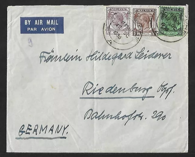 STRAITS SETTLEMENTS MALAYA TO GERMANY AIR MAIL 65c. ON COVER 1936