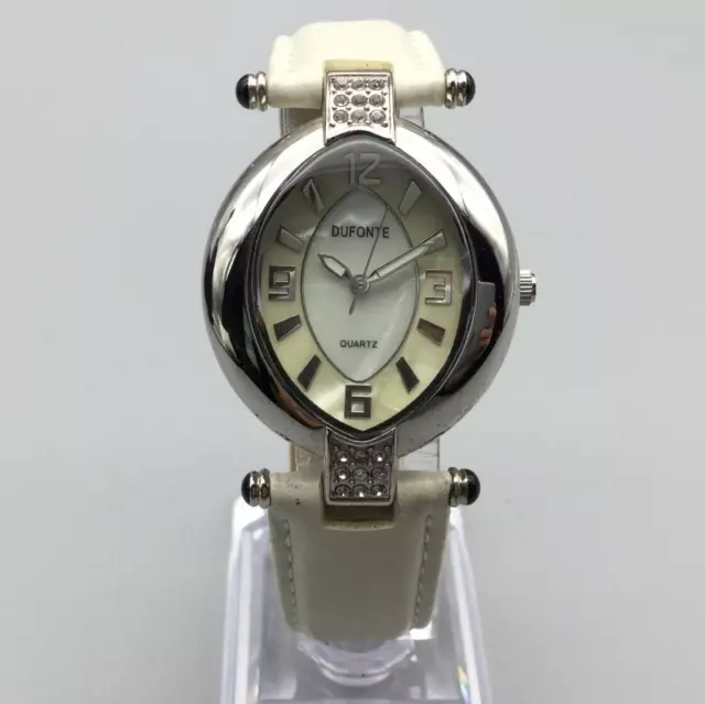 Dufonte Watch Women 32mm Silver Tone MOP Dial  White Leather Band New Battery