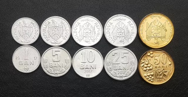 Moldova 5 PCS UNC Coin SET, 1 5 10 25 50 Bani 2008 2017