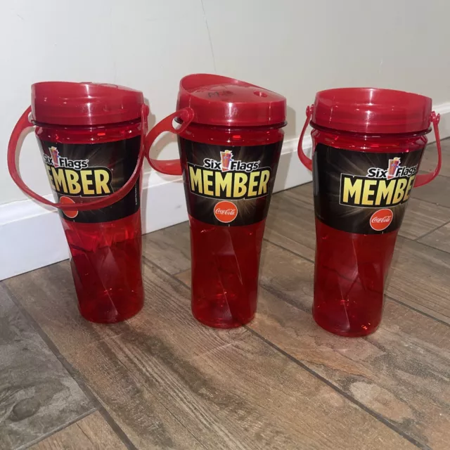 Lot of 3 Six Flags Member Refillable Souvenir Drink Bottle Cups - Collectible