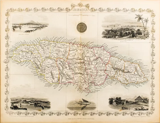 1851 JAMAICA ISLAND CARIBBEAN ORIGINAL TALLIS RAPKIN MAP 11x14 WM18