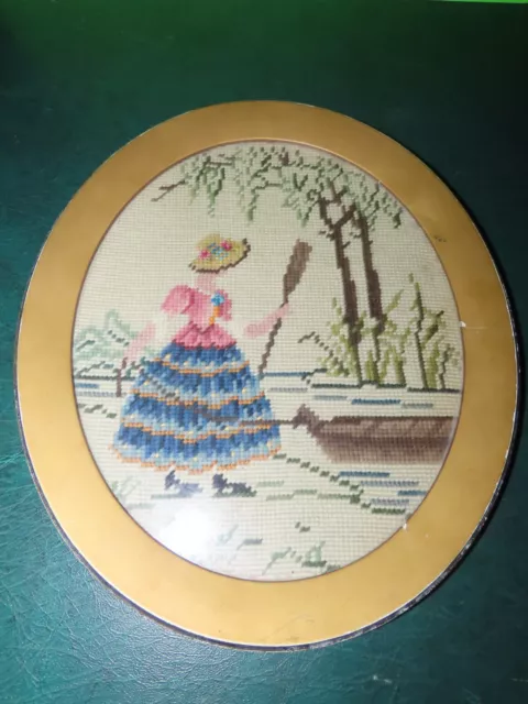 1800s WOMAN WITH ROW BOAT NEEDLE POINT OVAL FRAME
