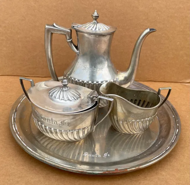 Antique 1905 GORHAM Silver Plate SANTA FE RAILROAD Tea/Coffee Set Tray, Pot, C&S