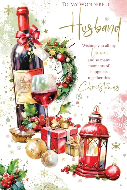 Weihnachtskarte „To A Wonderful Husband With Love“ – Mit Rotem Vintage-Auto, Festlichem Design & Rotem Umschlag