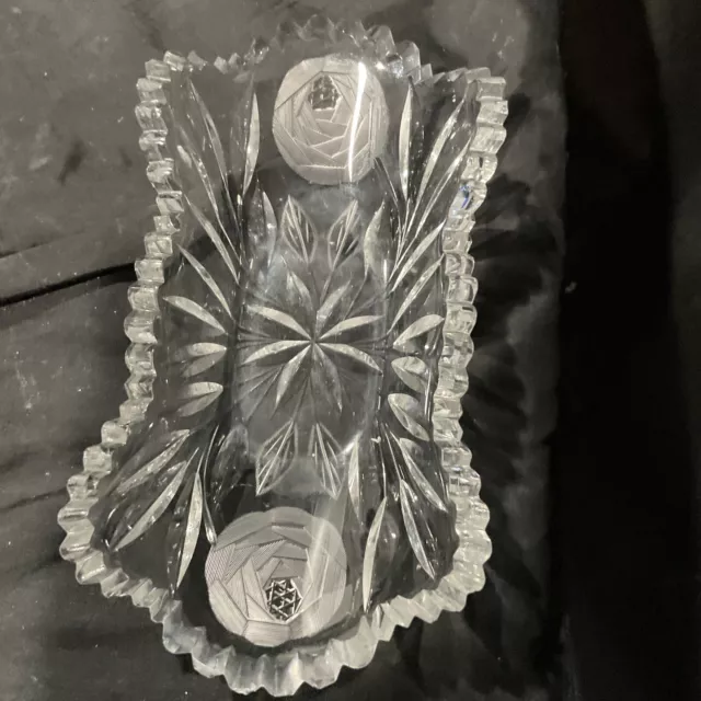 american brilliant cut glass 4x8 in elongated small relish bowl rose cut design 2