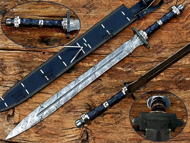 Hand Forged Damascus Steel Medieval Sword / Viking Sword With Leather Sheath.