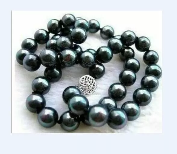 Exquisite AAA 9-10mm Natural Round Tahitian black Pearl Necklace 18 inch