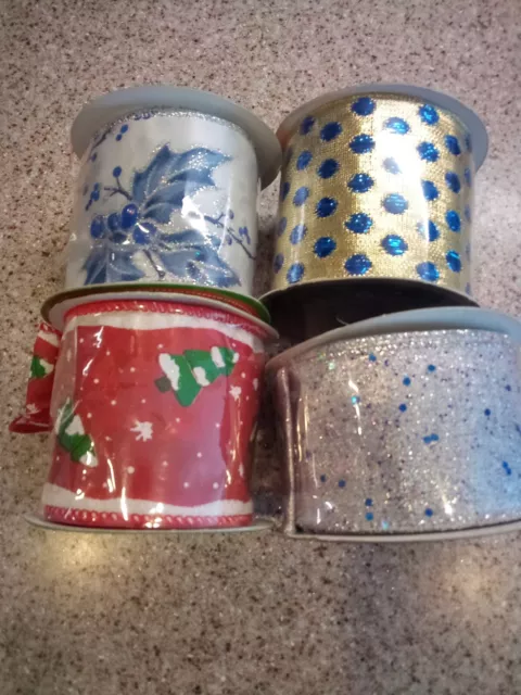 NEW - Lot of Four (4) Rolls of Assorted Christmas Themed Ribbon