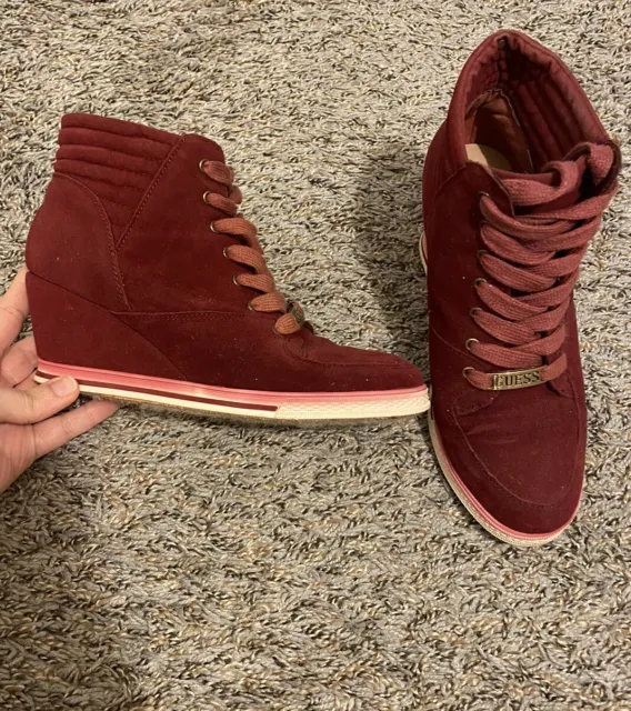 GUESS Los Angeles Suede Women’s Wedge Sneakers Shoes Maroon Size 6.5