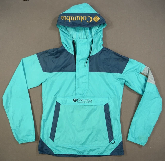 Columbia Jacket Windbreaker Womens Medium Green Blue Hooded Packable Pullover