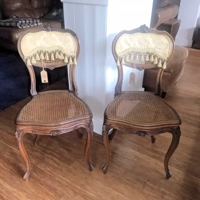 Beautiful Pair of Antique Victorian Carved Balloon Back Cane Bedroom Chairs