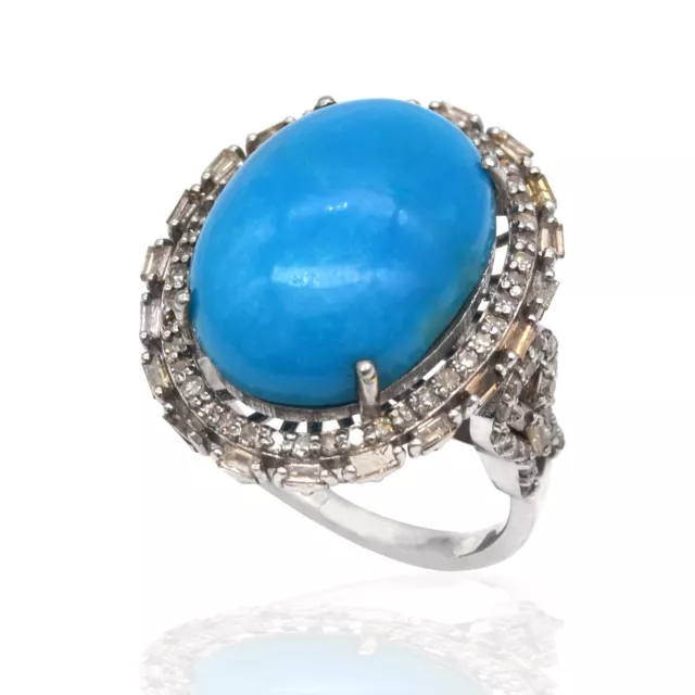 925 Sterling Silver Natural Blue Turquoise Diamond Lovely Womens Cocktail Ring