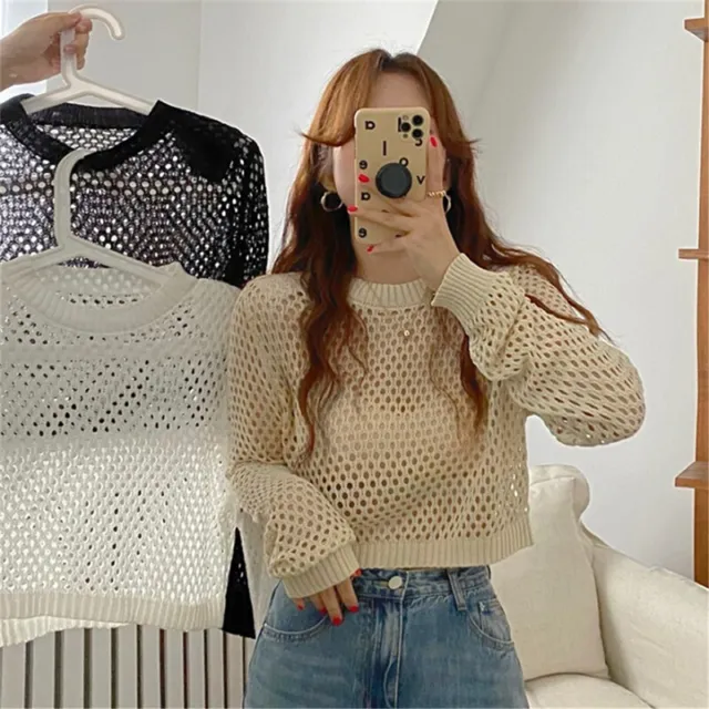 Women Hollow Out Knitted Pullovers Crew Neck Solid Casual Hollow Out Crop Top#EL