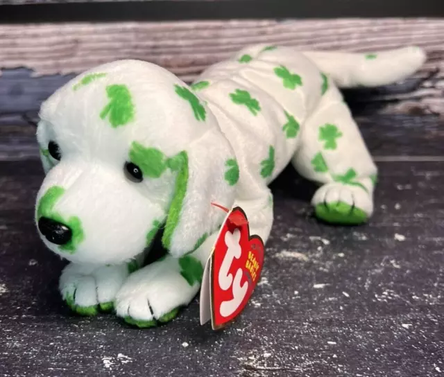 Rare & Retired Ty Beanie Baby~Blarn-E St Patricks Irish Clover Puppy Dog 8"~New