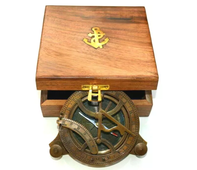 Antique Brass Compass Nautical Maritime 4" Sundial Compass With Wooden Box Gift