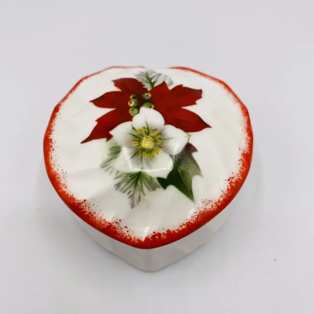 VTG Royal Worcester Spode Heart Shaped Trinket Box Poinsettia & Christmas Rose