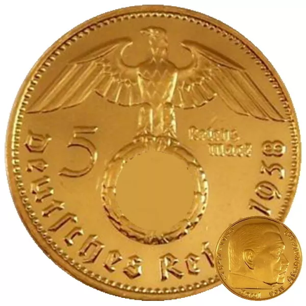 5 Reichsmark 1936 mit HK 24 Karat vergoldet RM drittes Reich Hindenburg