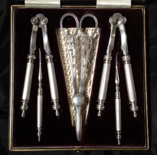 Antique Silver Plate Set Of Nut Crackers, Nut Picks, Grape Scissors, Boxed Set