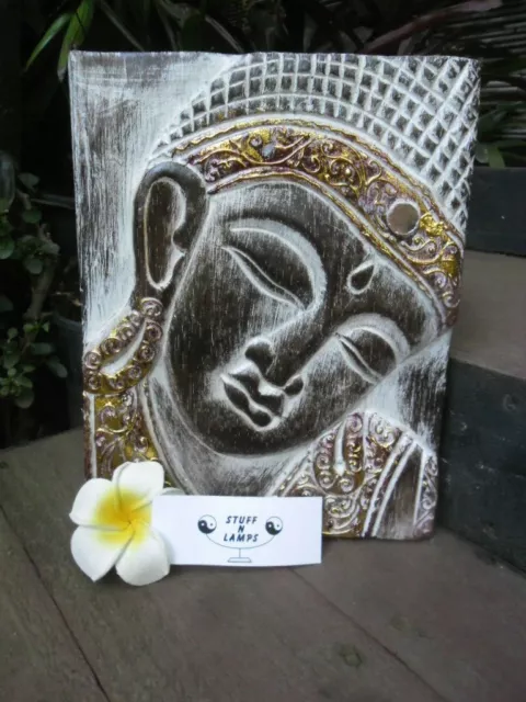 Bali Buddha Panel/Plaque - hand crafted in brown wash/gold tones - wall hanging