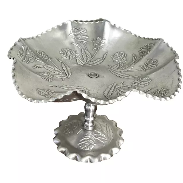 Vintage Farber & Shlevin Hand Wrought Aluminum Hammered Footed Dish Rose Pattern