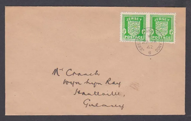 Jersey 1942 FDC German Occupation Channel Islands cover Crest 1/2d Pair Guernsey