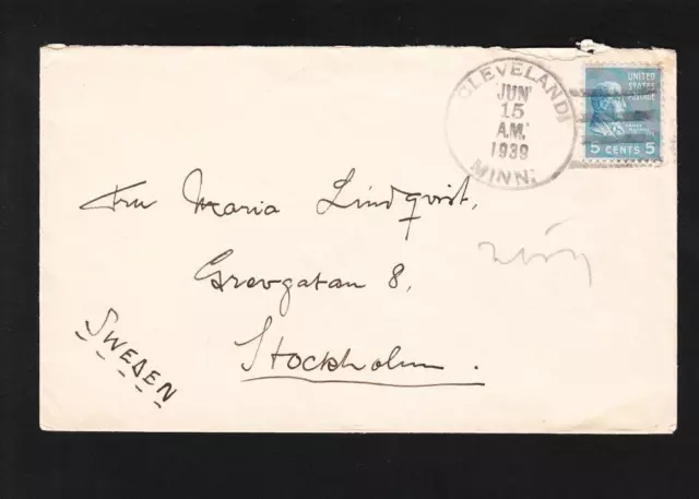 PREXIE 5c Cleveland 1939 to Stockholm Sweden No backstamps Cover  ZA