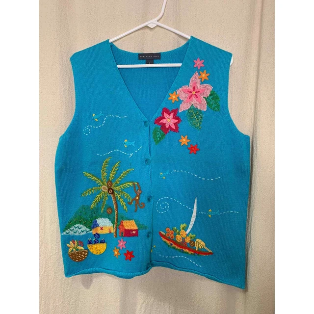 Vintage 1990s Northern Isles Tropical Beach Island Granny Teacher Sweater Vest L