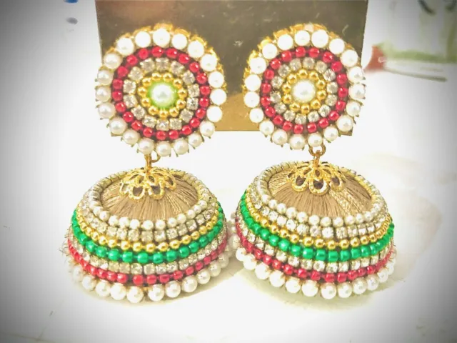 Red Gold SilkThread Ethnic Women Stone Earrings Jhumka Wedding Bollywood Jewelry