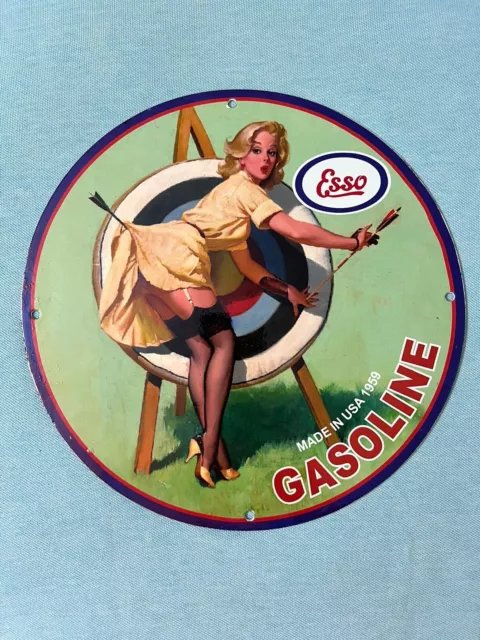 Esso Gasoline Porcelain Pinup Girl Sign Motor Oil Lubricants Engine Pump Plate