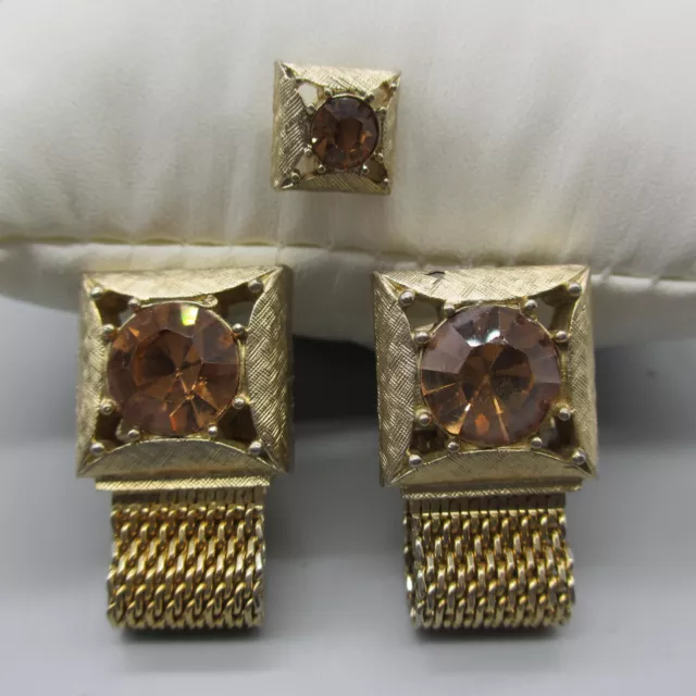 Swank Cuff Links Tie Tack Faceted Amber Rhinestones Gold Tone Mesh Wrap Around