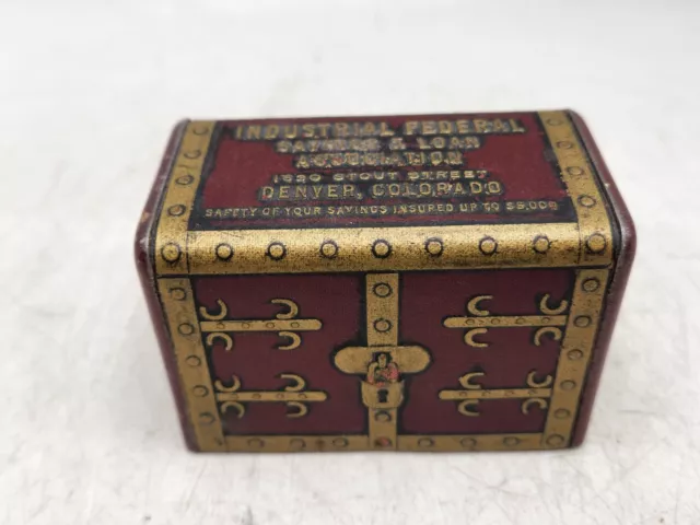 Vintage Denver CO Advertising Treasure Chest Cotton Ball Tin Bank Steel Products