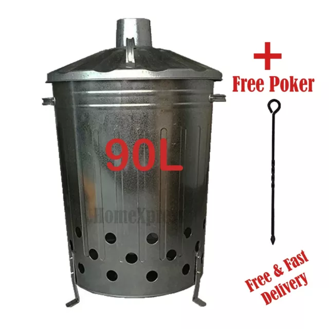 90 Litre 90L X-Large Metal Incinerator Fire Burning Bin Leaf  Garden + Ash Poker