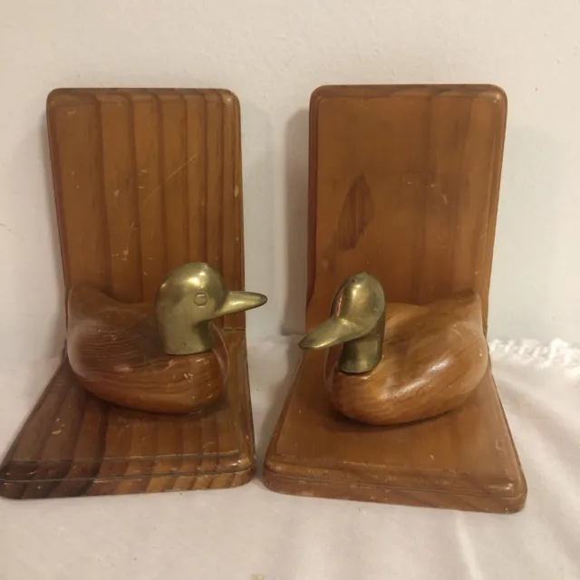 Vintage Wood Ducks With Brass Head Bookends 5.5” Set Of 2 Enesco 1983