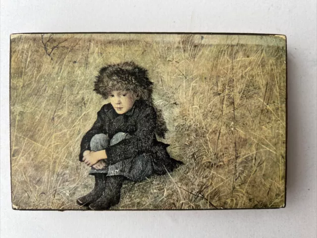 Vintage Art On Wood Andrew Wyeth 1952 Faraway Little Boy Racoon Hat