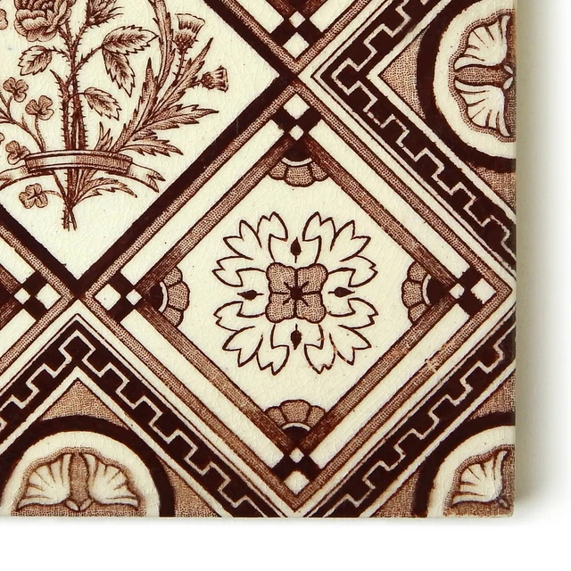 Antique Tile Victorian Aesthetic Floral Jackson Clay Hearth Transfer Brown White 5
