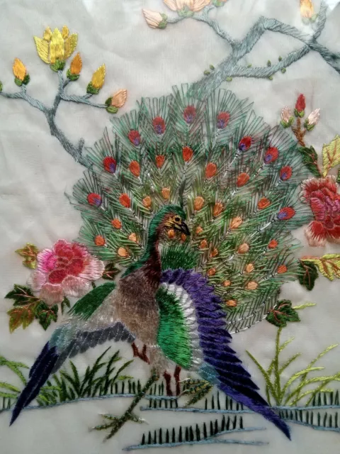 Oriental Silk Hand made Embroidered Picture of Peacocks and Flowers. 2