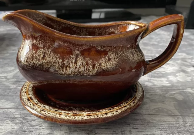Fosters Pottery Cornwall Brown Honeycomb Glaze Gravy Boat & Saucer. Vintage