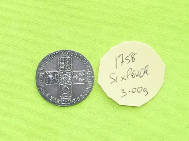 1758 Silver SIXPENCE Coin GEORGE II (1727 - 1760) 3.00grams ESC1623