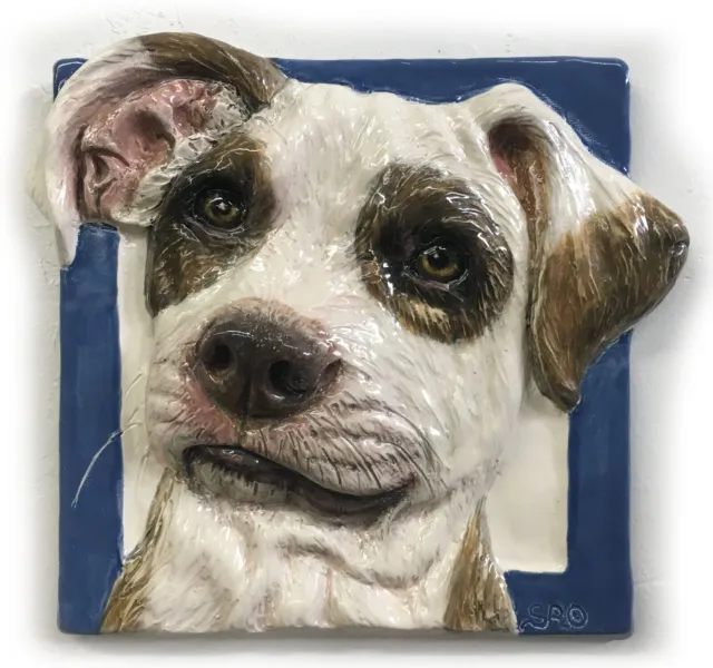 American Staffordshire Terrier Pit Bull Dog Ceramic Portrait 3D Tile In Stock