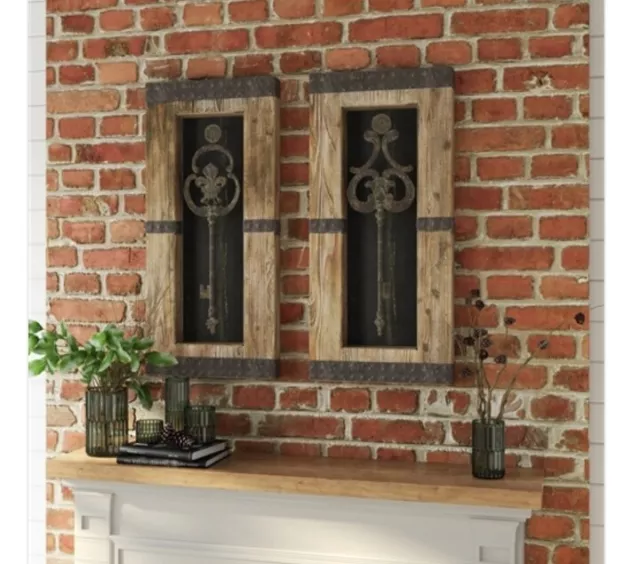 Aspire Home Accents Antique Key With Wood Frame Wall Decor Set Of 2