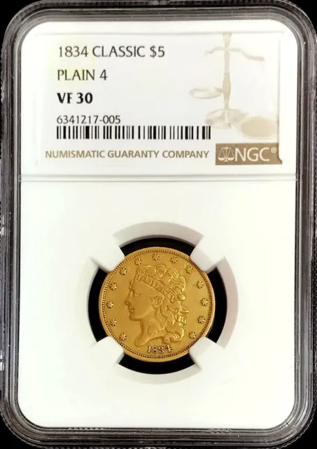 1834 Gold Classic Head $5 Plain 4 Quarter Eagle Coin Ngc Very Fine 30