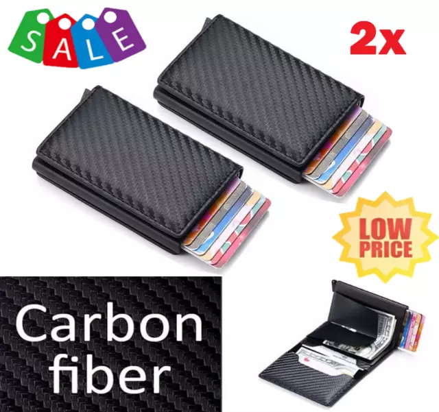2pcs RFID Blocking Leather Wallet Carbon Fiber Purse Slim ID Credit Card Holder