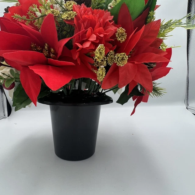 Quality Artificial Christmas  Arrangement Grave vase / Memorial / Crem Pot Red 3