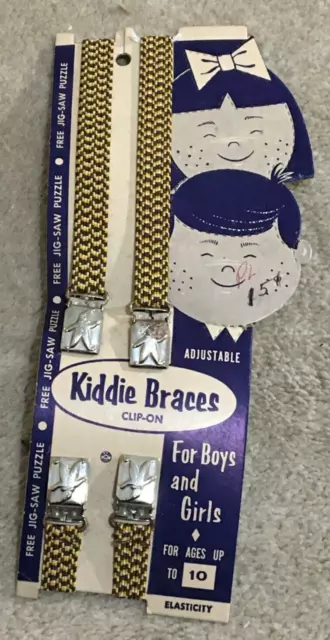 Vntg 1950s Kiddie Childs Clip On Braces Suspenders Brown White Plaid DieCut Card