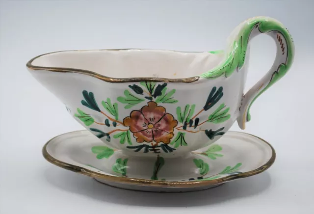 Cantagalli Italian Pottery Italy Firenze Gravy Boat Attached Under Plate Floral