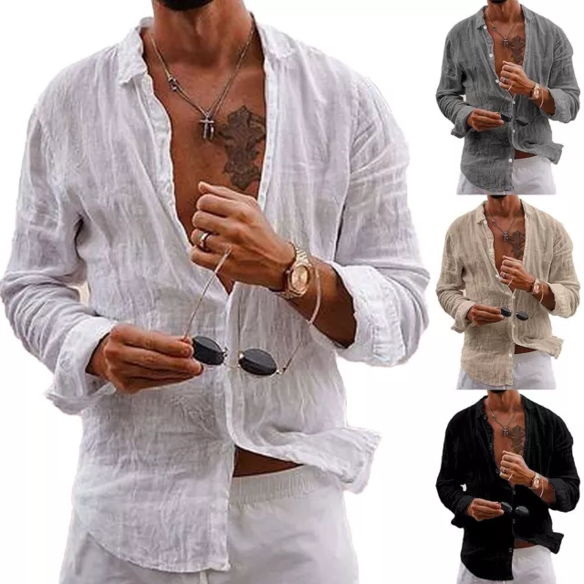 Chemise à manches longues décontractée pour hommes en lin coton boutonné bou