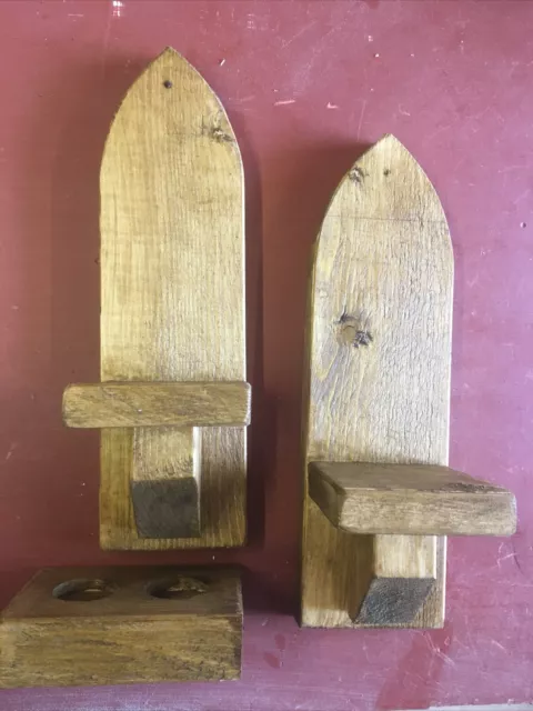 Wall sconce rustic wood gothic Candle Holders. Oak Finish